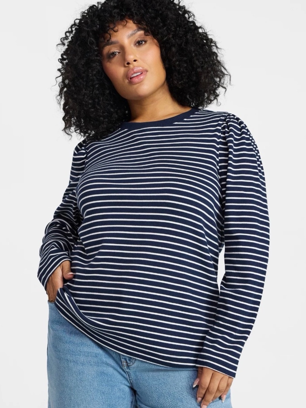 NWT TERRA & SKY Navy Blue + White Stripe Puff Long Sleeve Crew Neck Tee Shirt 4x